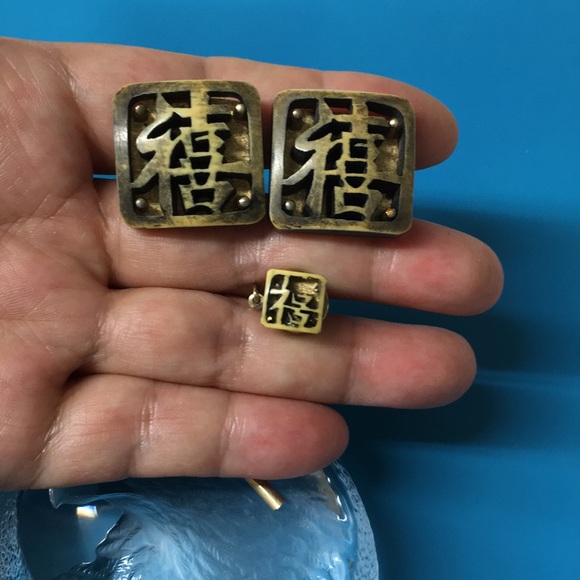 🖤SWANK vintage Chinese letter design cufflinks n lapel pin set - Picture 9 of 13